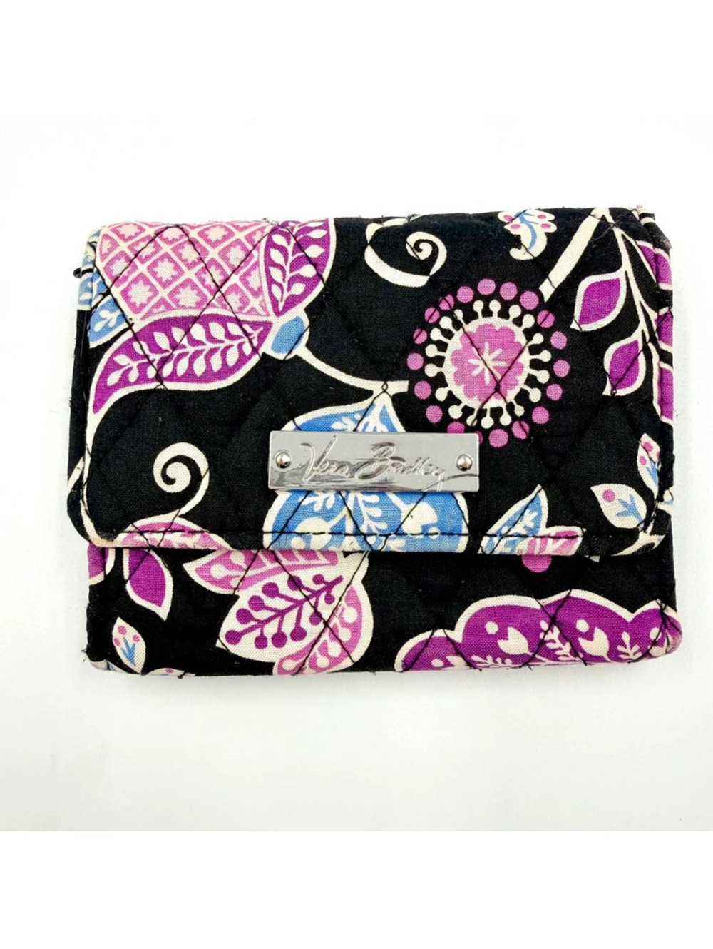 Vera Bradley Quilted Trifold Wallet Black Purple Paisley
